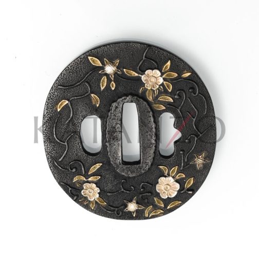 Handmade Tsuba with gold and silver flowers